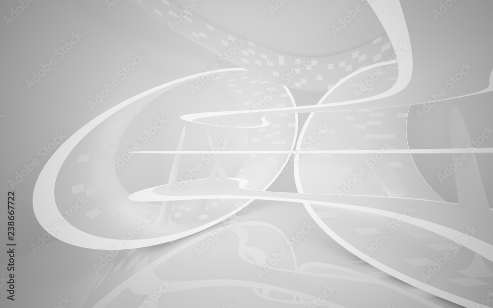 Abstract smooth white interior of the future. Night view from the backlight. Architectural background. 3D illustration and rendering Abstract smooth white interior of the future. Night view from the backlight. Architectural background. 3D illustration and rendering