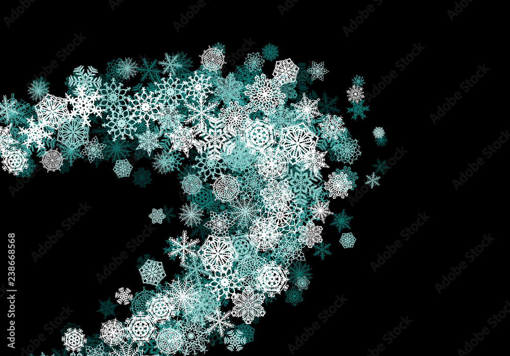 Christmas snow background with scattered snowflakes falling in winter sky for New Year or Xmas celebration