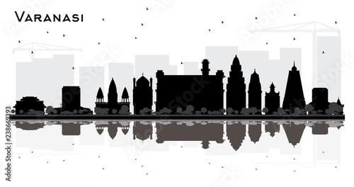 Varanasi India City Skyline Silhouette with Black Buildings and Reflections Isolated on White.