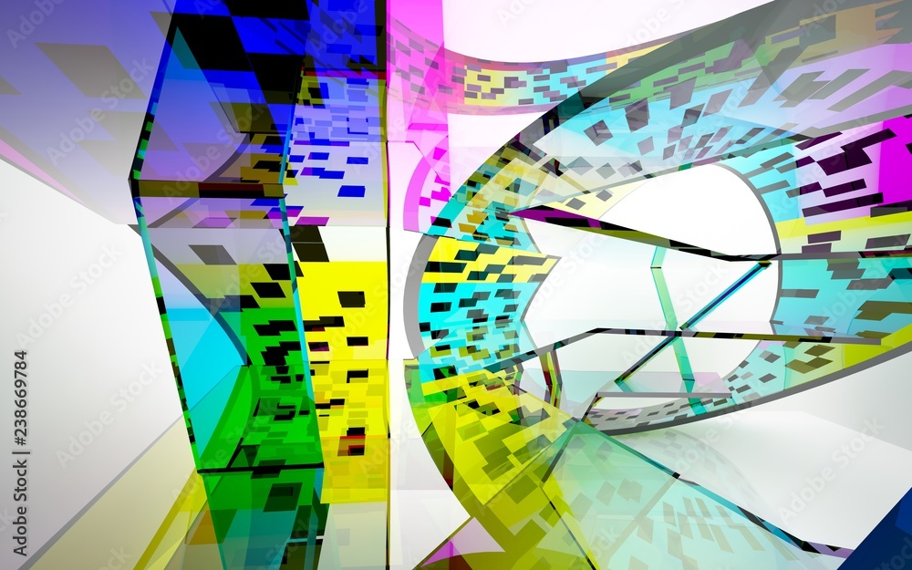Fototapeta premium abstract architectural interior with gradient geometric glass sculpture. 3D illustration and rendering