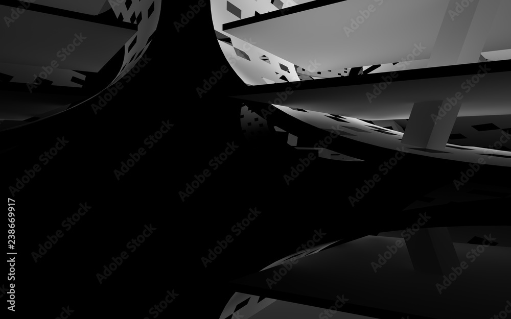Abstract white interior of the future, with glossy black wall and floor. 3D illustration and rendering Abstract white interior of the future, with glossy black wall and floor. 3D illustration and rendering