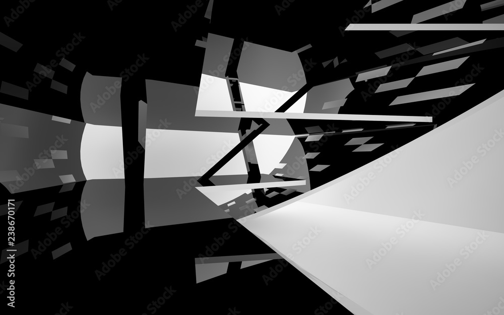 Abstract white interior of the future, with glossy black sculpture. 3D illustration and rendering