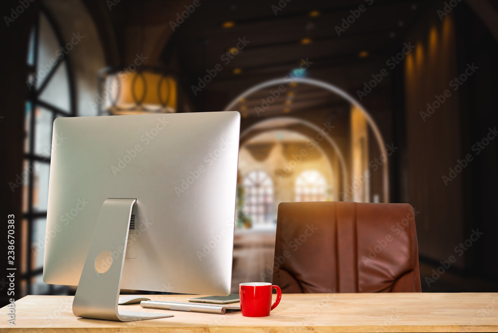 Fototapeta premium workspace with computer, laptop, office supplies, and coffee cup, smartphone, and tablet at office. desk work concept. in morning light