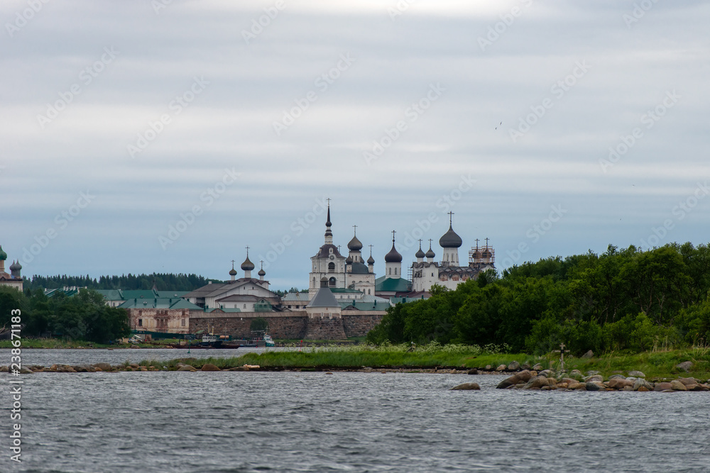 View on Solovetsky Monastery from the Bay of well-being, Russia. Solovetsky Monastery is on the UNESCO's World Heritage List. Solovki Islands, Arkhangelsk region, White Sea.