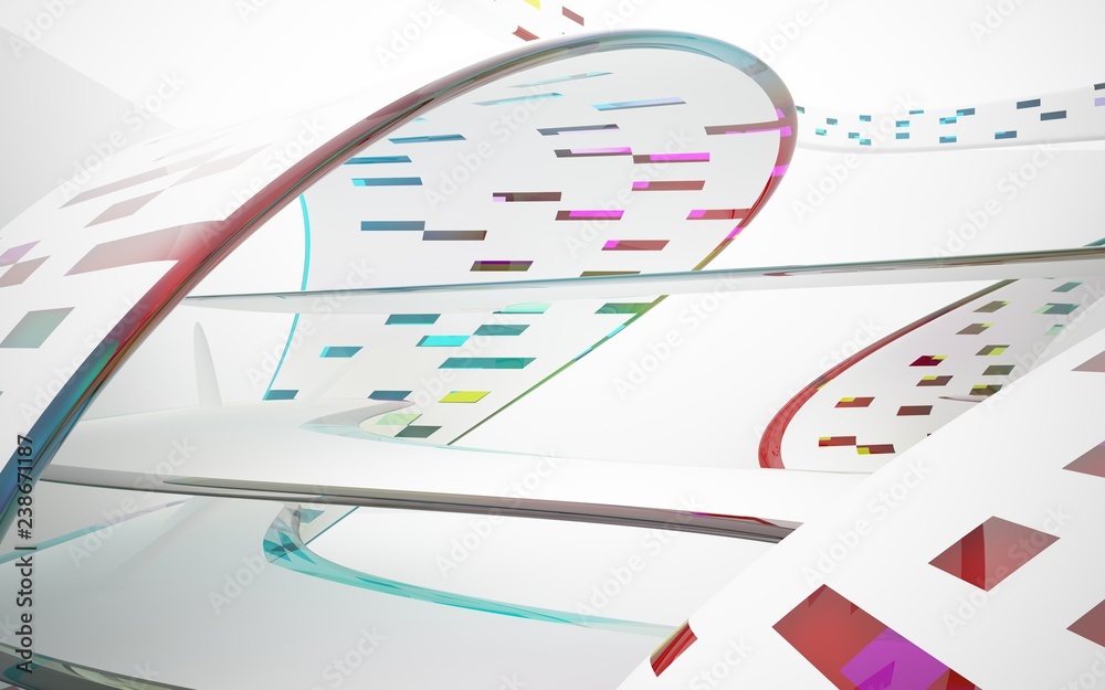 White smooth abstract architectural background whith colored gradient lines . 3D illustration and rendering White smooth abstract architectural background whith colored gradient lines . 3D illustration and rendering