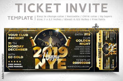 Invitation Ticket. Ticket party, new year invite. gold champagne. elegant holiday party invitation. Flyers. 2019. invitations. invitation card, Template photo