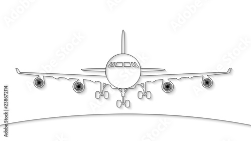 Black outline of the airplane and the horizon line. 3d vector illustration. Paper cut out style.
