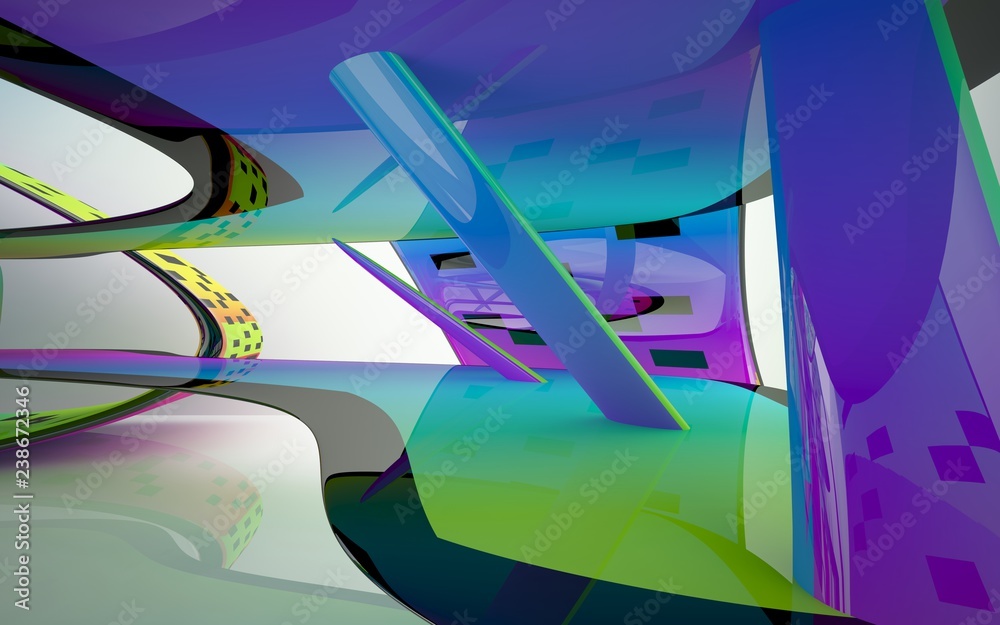 Obraz premium abstract architectural interior with colored smooth sculpture. 3D illustration and rendering