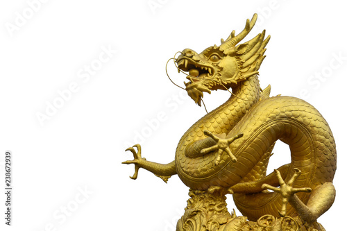 clipping path, Chinese golden dragon statue isolated on white background, copy space