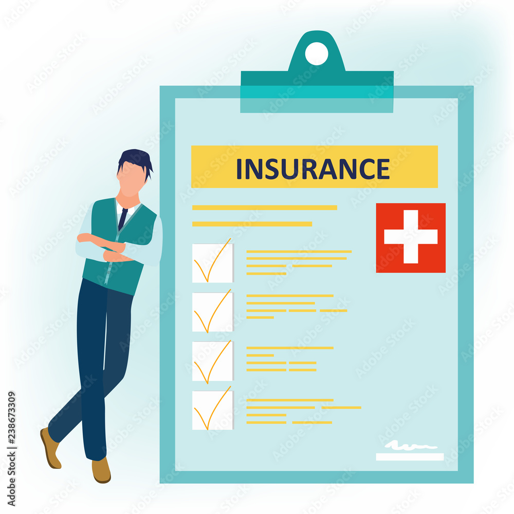 Health insurance. Man standing cross-legged near the signed health insurance  policy. Human life insurance. Healthcare concept. Vector illustration in  flat cartoon style. Stock Vector | Adobe Stock