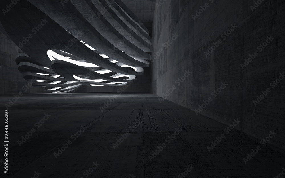 Empty dark abstract concrete room interior. Architectural background. Night view of the illuminated. 3D illustration and rendering