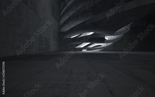 Empty dark abstract concrete room interior. Architectural background. Night view of the illuminated. 3D illustration and rendering