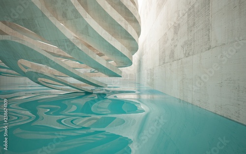 Abstract interior of glass and concrete with blue water. Architectural background. 3D illustration and rendering 