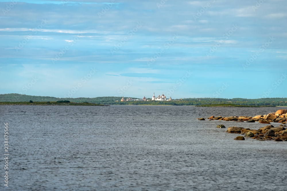 Huge stones on the coastline of the Bolshoy Zayatsky Island. Solovetsky archipelago, White sea, Russia