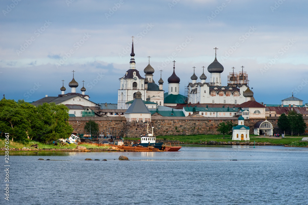 Spaso-Preobrazhensky Solovetsky Monastery in the summer from the Bay of well-being, Russia