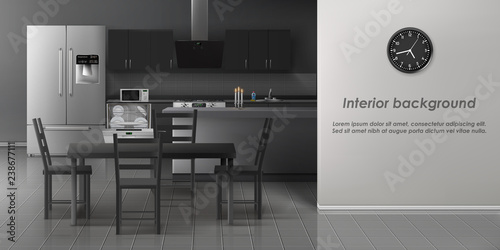 Modern kitchen interior in minimalist design realistic vector background with chairs around dining table, various kitchen appliances, wall clock, tiled floor and fired candles on counter illustration