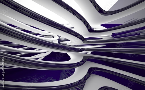 Abstract dynamic interior with white smooth objects and violet room . 3D illustration and rendering