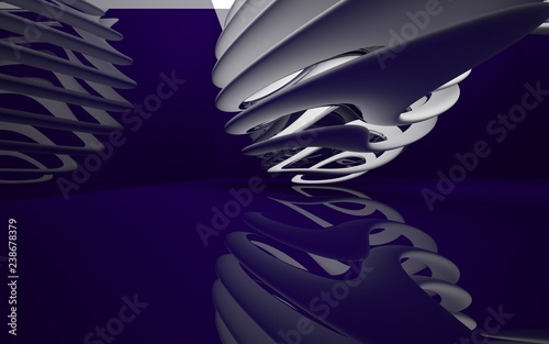 Abstract dynamic interior with white smooth objects and violet room . 3D illustration and rendering