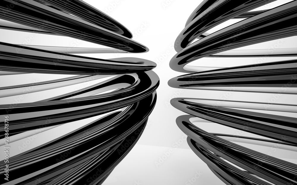 Abstract dynamic white interior with black smooth objects. 3D illustration and rendering Abstract dynamic white interior with black smooth objects. 3D illustration and rendering