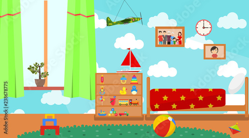 Kindergarten room. Empty playschool room with toys and furniture. Cartoon kids bedroom interior. Home childrens room with kid bed and child toys. Vector illustration.