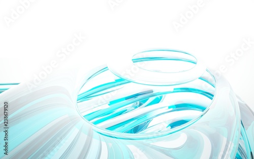 Abstract dynamic interior with blue glass smoth wave objects. 3D illustration and rendering