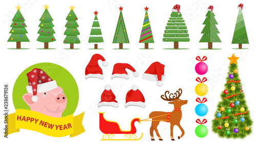 Set of Christmas and New Year's elements. Santa Claus hat, Christmas tree, Christmas decorations, sleigh with Santa Claus hat and deer.
