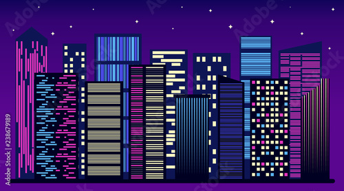 Night city skyline. Night city background. Urban town streets skyline, illustration with architecture, skyscrapers, megapolis. Vector illustration.
