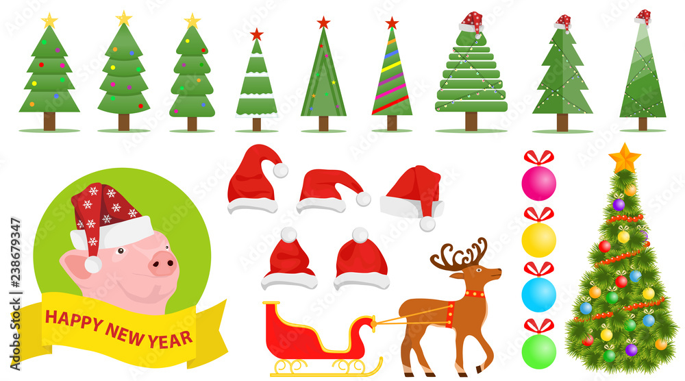 Set of Christmas and New Year's elements. Santa Claus hat, Christmas tree, Christmas decorations, sleigh with Santa Claus hat and deer.