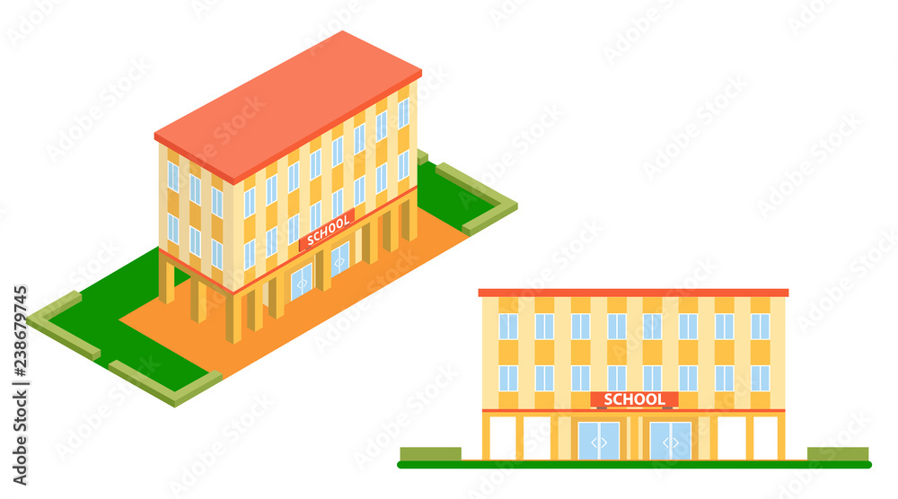 School building in flat design and in isometry. Realistic school in 3D design. Cartoon school illustration isolated on white.