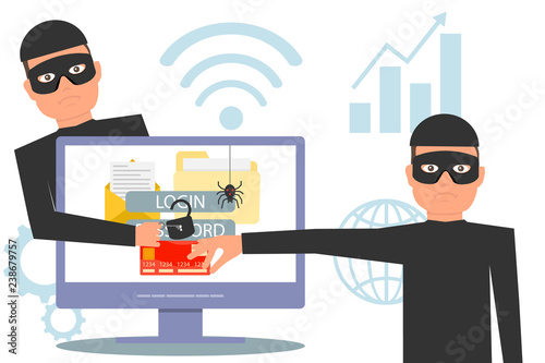 Hackers steal information. Hacker stealing money and personal information. Hacker unlock information, steal and crime computer data. Vector illustration.