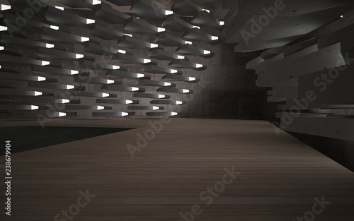 Empty dark abstract concrete room and wood interior with blue water. Architectural background. Night view of the illuminated. 3D illustration. Rendering