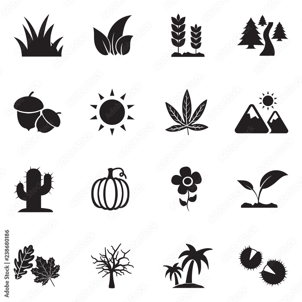 Nature Icons. Black Flat Design. Vector Illustration.