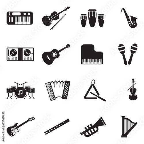  Music Instruments Icons. Black Flat Design. Vector Illustration. 