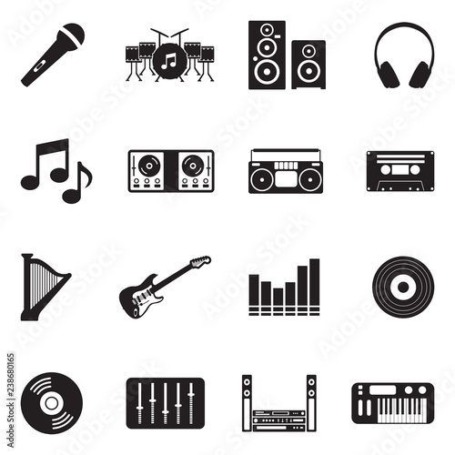 Music Icons. Black Flat Design. Vector Illustration. 