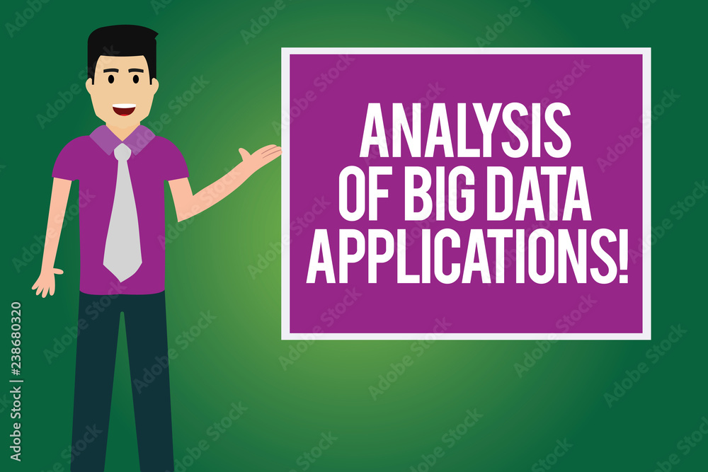 Handwriting text Analysis Of Big Data Applications. Concept meaning Information technologies modern apps Man with Tie Standing Talking Presenting Blank Color Square Board photo