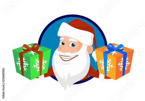 Merry Santa Claus with gifts vector icon.