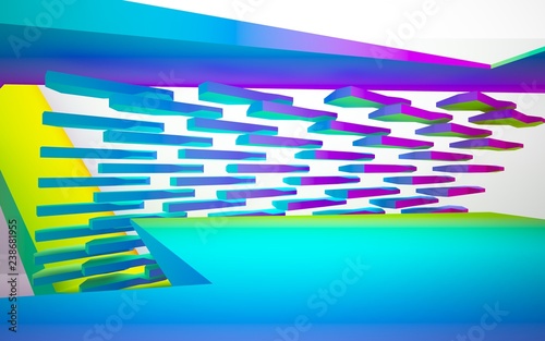 abstract architectural interior with gradient geometric sculpture. 3D illustration and rendering