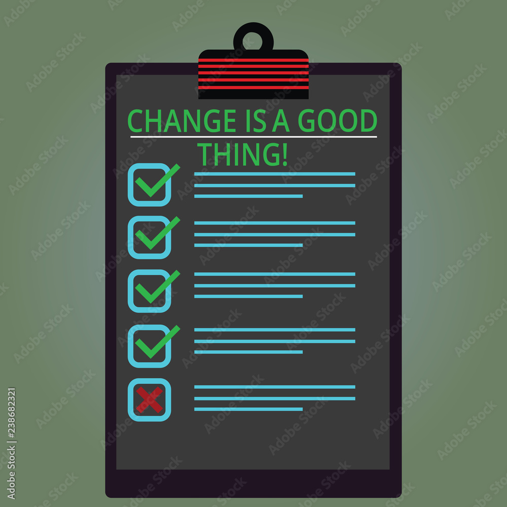 Writing note showing Change Is A Good Thing. Business photo showcasing Make changes to improve perforanalysisce is positive Lined Color Vertical Clipboard with Check Box photo Blank Copy Space Writing note showing Change Is A Good Thing. Business photo showcasing Make changes to improve perforanalysisce is positive Lined Color Vertical Clipboard with Check Box photo Blank Copy Space