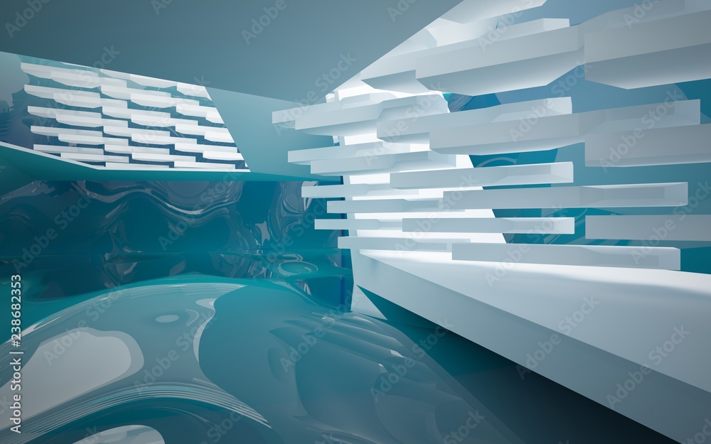 Abstract white interior of the future, with glossy blue water wall and floor. 3D illustration and rendering Abstract white interior of the future, with glossy blue water wall and floor. 3D illustration and rendering