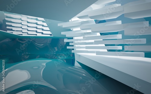 Abstract white interior of the future, with glossy blue water wall and floor. 3D illustration and rendering