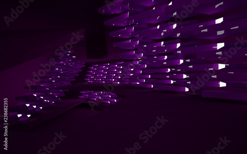 Abstract interior of the future in a minimalist style with violet sculpture. Night view . Architectural background. 3D illustration and rendering