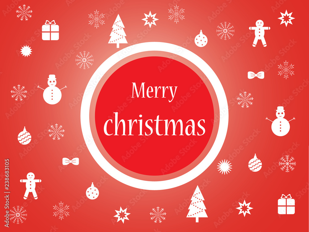 Merry Christmas red poster with snowmen, Christmas trees and presents
