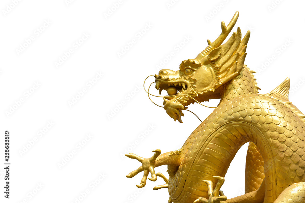 clipping path, Chinese golden dragon statue isolated on white background, copy space clipping path, Chinese golden dragon statue isolated on white background, copy space