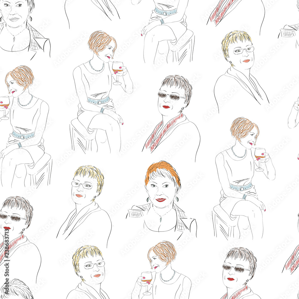 Woman portrait sketch. Group. Different faces, the mood. Abstract, trendy background. Texture seamless. Woman portrait sketch. Group. Different faces, the mood. Abstract, trendy background. Texture seamless.