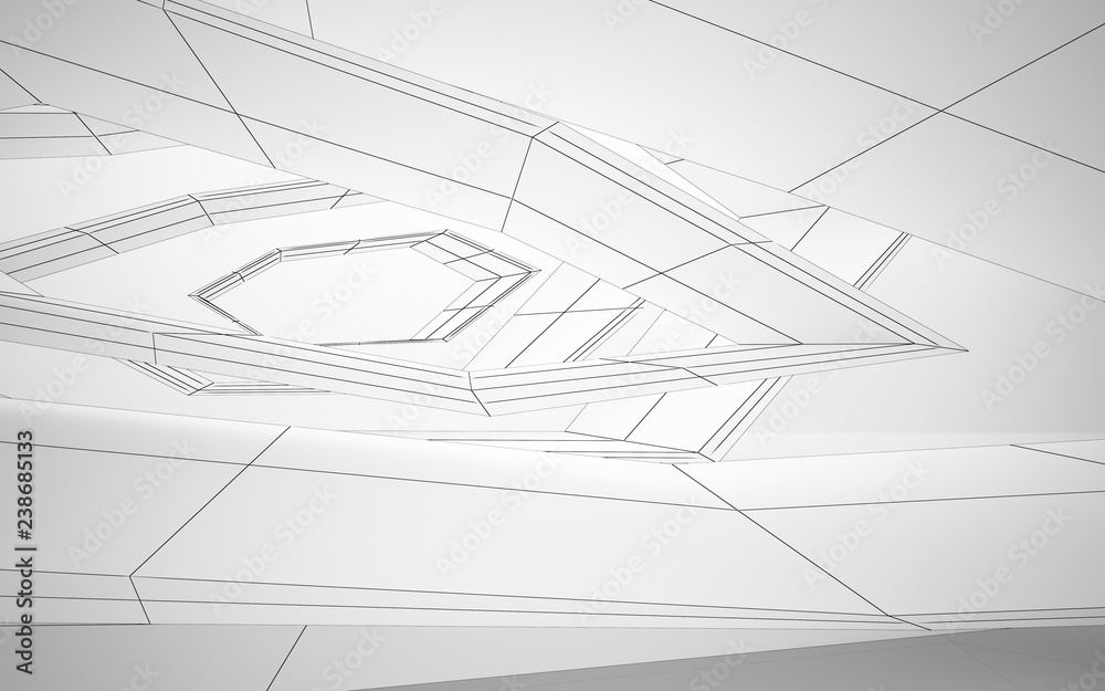 Abstract white interior highlights future. Polygon drawing . Architectural background. 3D illustration and rendering