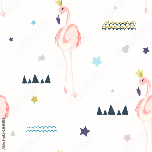 Seamless pattern with flamingo. Summer tropical design. Vector illustration. ...
