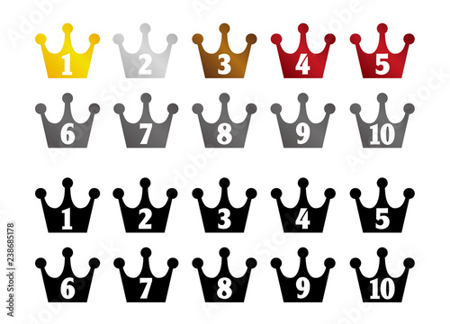 Crown ranking illustration set . from 1st place to 10th place. Color version and black version.
