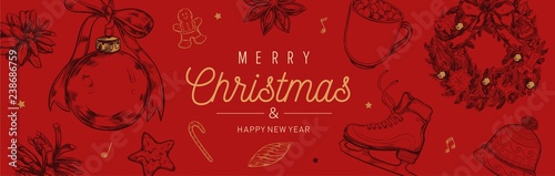 Christmas and New Year vector banner, background with vintage hand drawn elements