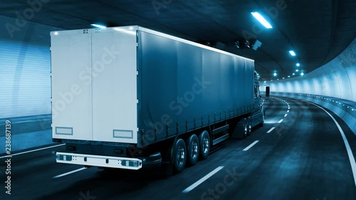 Trailer truck rides through tunnel with cold blue light style 3d rendering