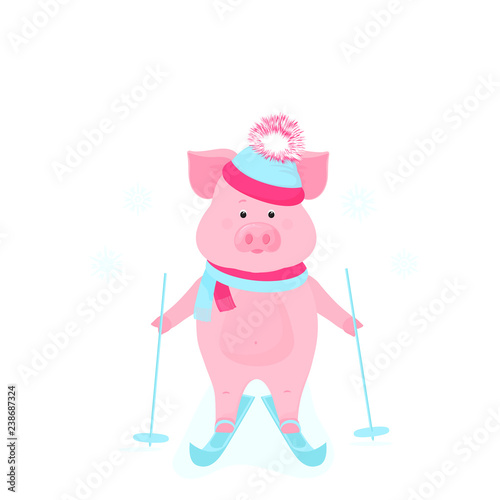 Funny hog on skates. Cute piggy skiing. Piglets on winter vacation. Cartoon pigs outdoors.